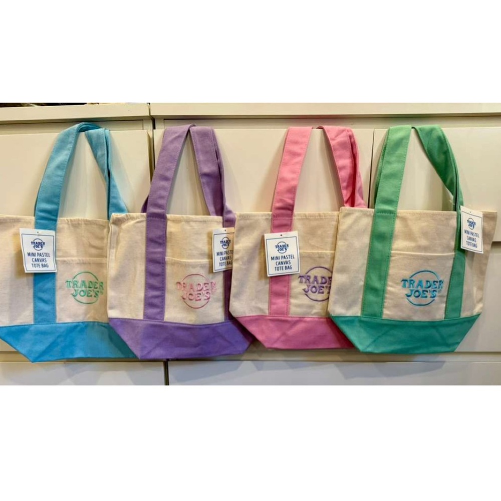 Trader Joe's Mini Canvas Tote Bag Set pastel blue green mint pink yellow NWT